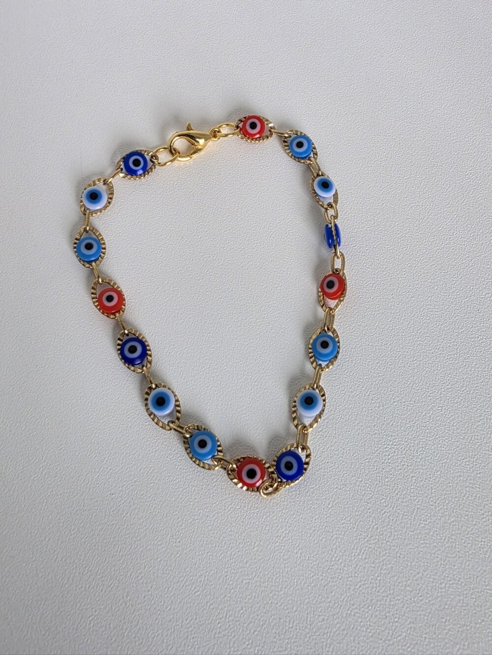 Gold Tone Evil Eye Bracelet Blue Red Nazar Charm 6.5" Dainty Boho